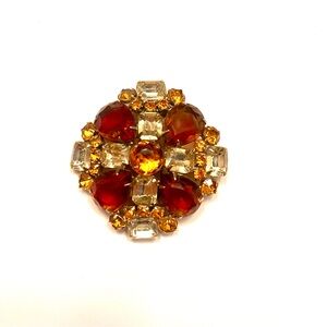Vintage Gold Brooch with Amber and Root beer Rhinestones